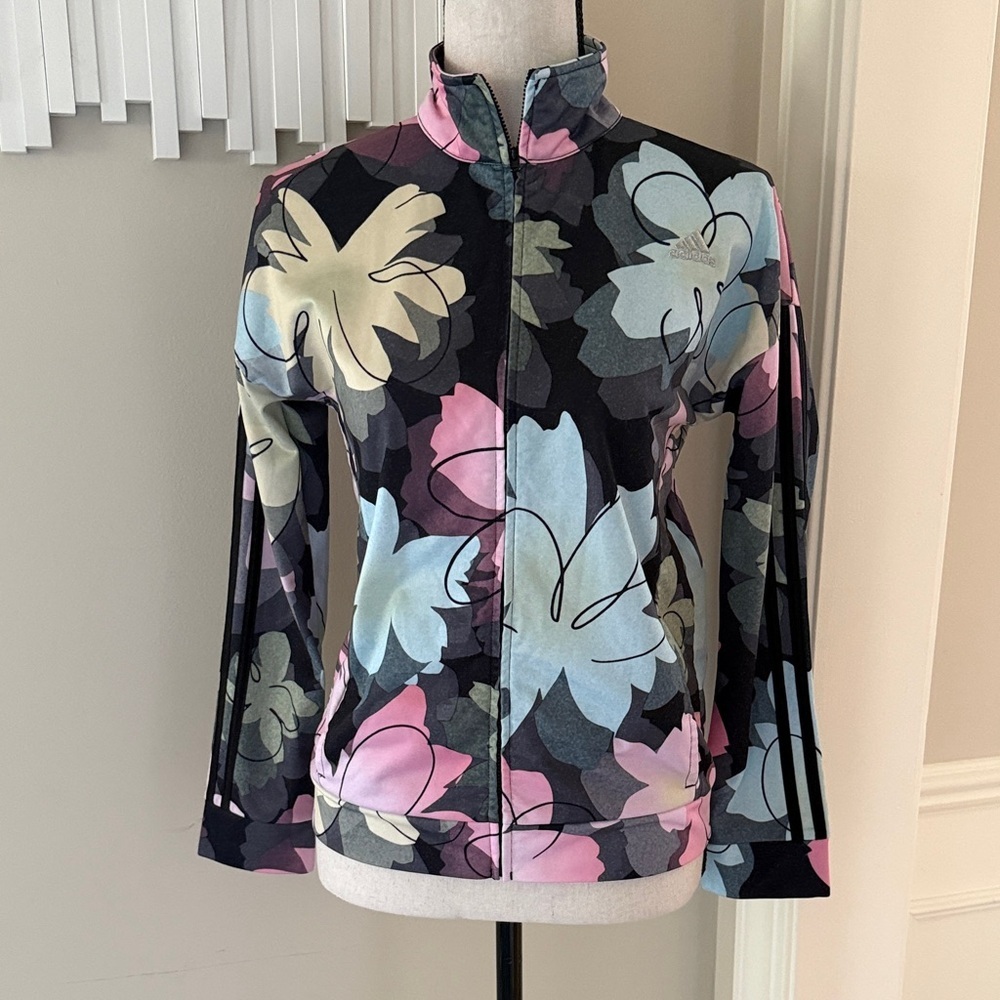 Adidas Girls XL 16 Floral Track Jacket Full Zip 3 Stripe Athletic